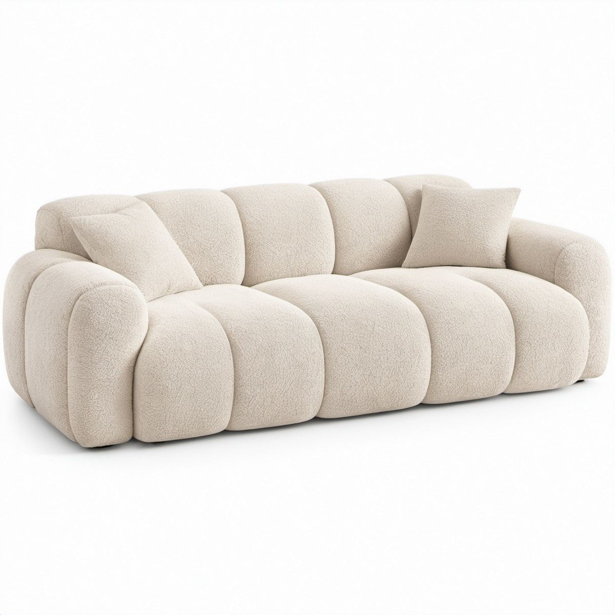 Kremowa sofa trzyosobowa bouclé z poliestru, zaokrąglona, 230 x 100 x 78 cm