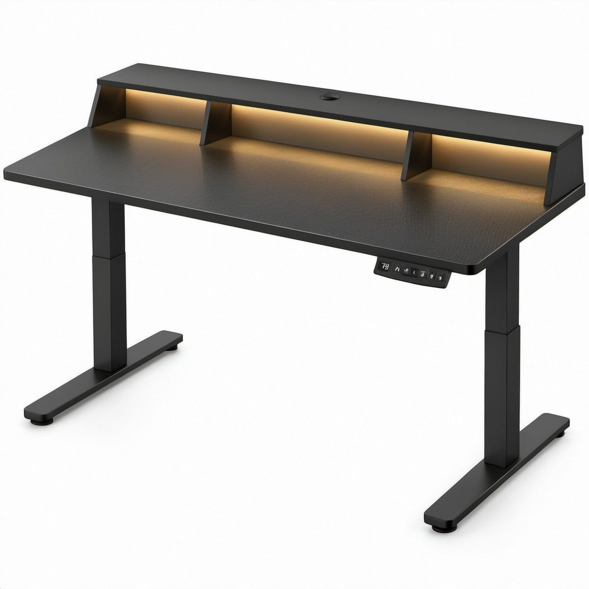 Elektryczne biurko z regulacją wysokości 140 x 60 cm, czarne, z oświetleniem LED