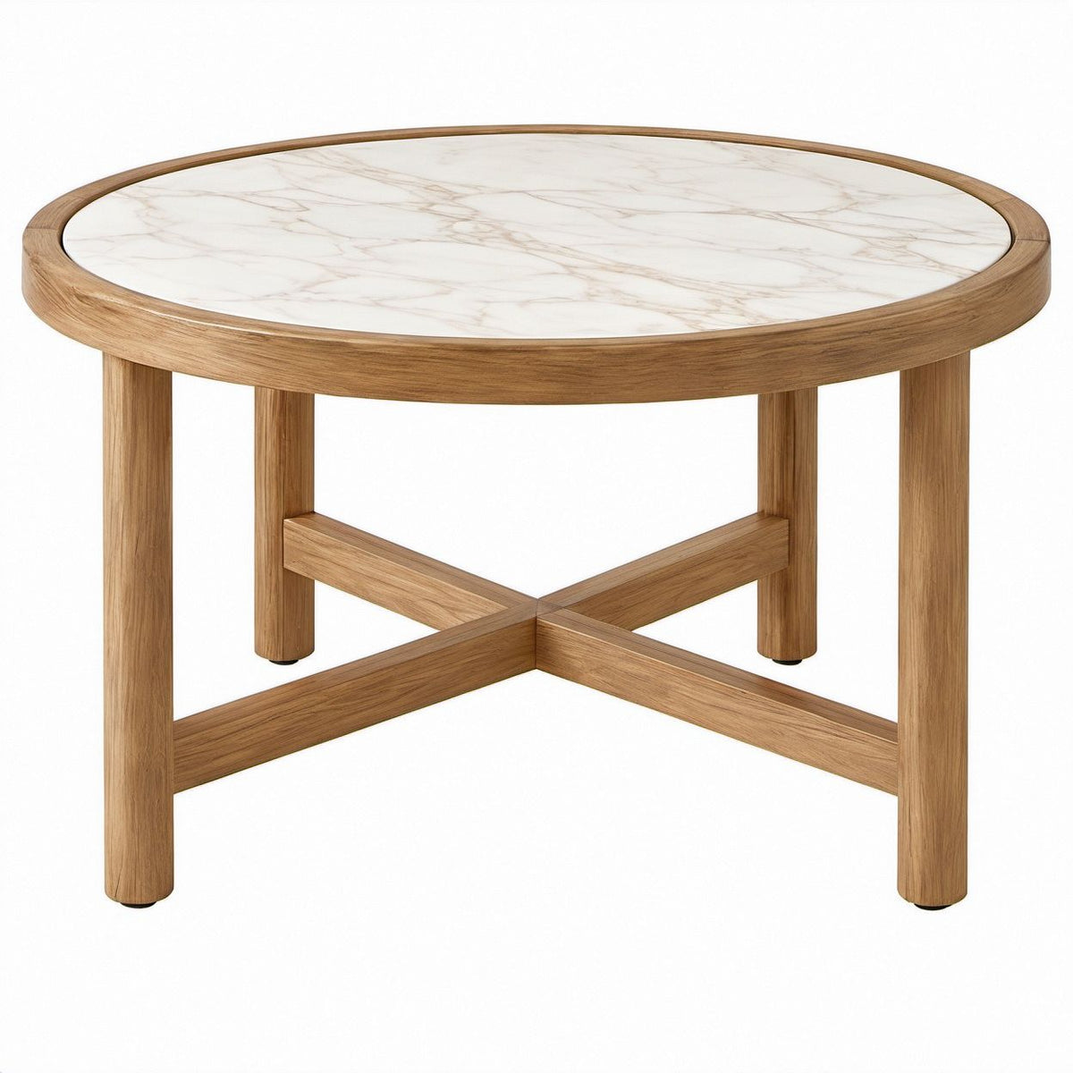Okrągły stolik boczny z ceramicznym blatem imitującym marmur, biały/naturalny dąb, Ø80 x 45 cm