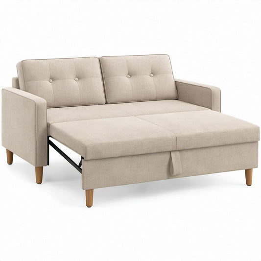 Beżowa rozkładana sofa dwuosobowa z tapicerką poliestrową i nogami w naturalnym brązie, 195 × 84 × 86 cm