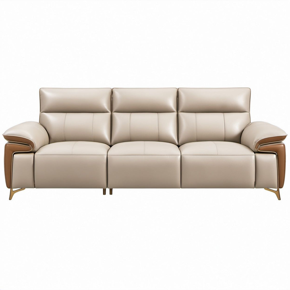 Trzyosobowa sofa z tapicerką PU beżowo-brązowa ze złotymi nogami, 210 × 92 × 98 cm