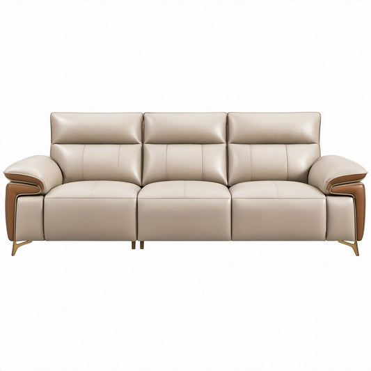 Trzyosobowa sofa z tapicerką PU beżowo-brązowa ze złotymi nogami, 210 × 92 × 98 cm