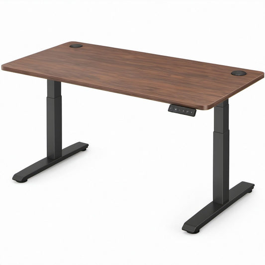 Elektrycznie regulowane biurko orzechowo-czarne 140 × 70 cm, wysokość 72–120 cm