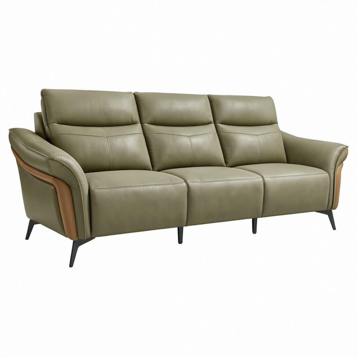 Trzyosobowa sofa z ekoskóry PU oliwkowozielona z brązowymi wstawkami, 220 × 95 × 92 cm