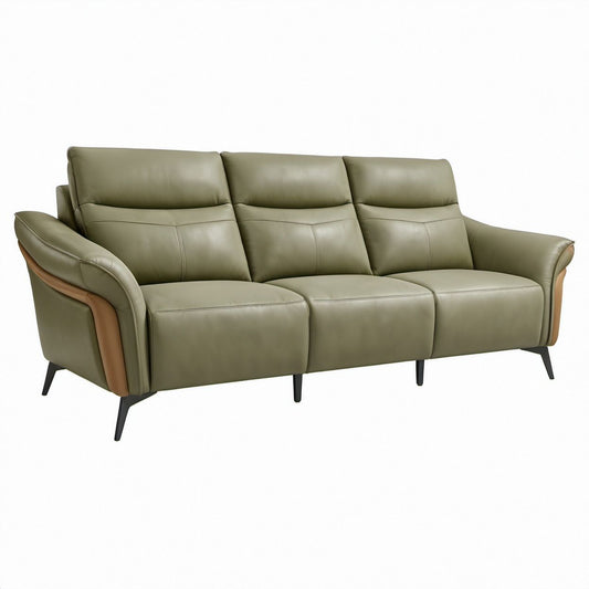 Trzyosobowa sofa z ekoskóry PU oliwkowozielona z brązowymi wstawkami, 220 × 95 × 92 cm