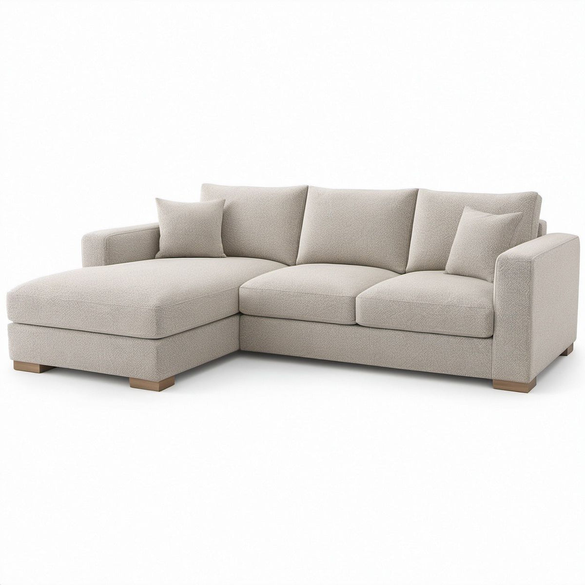 Beżowa sofa narożna lewostronna z szezlongiem i brązowymi nóżkami, 260 × 160 × 85 cm